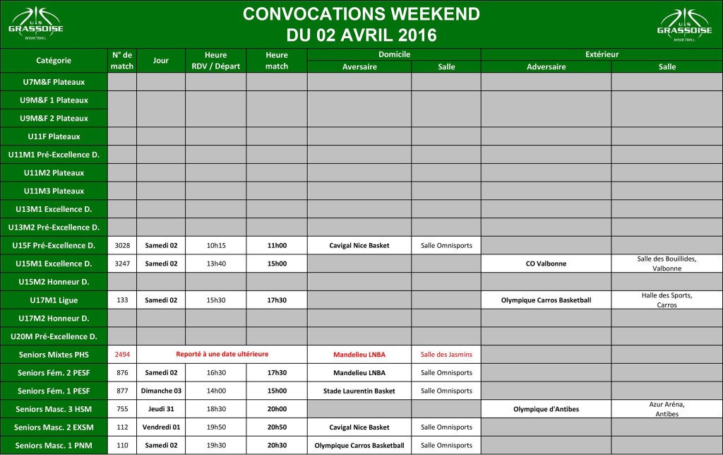 Convocations Week-End du 02/04/2016