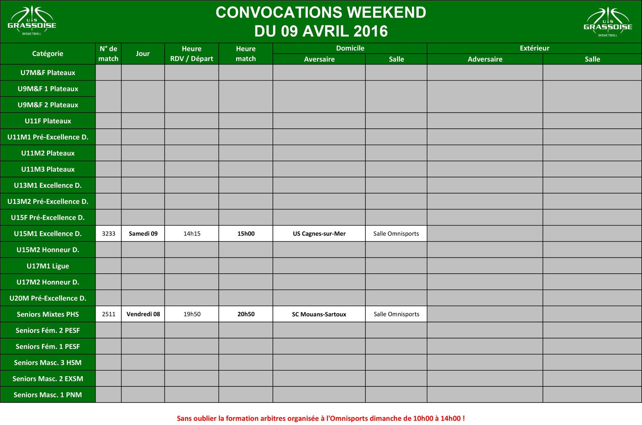 Convocations Week-End du 09/04/2016