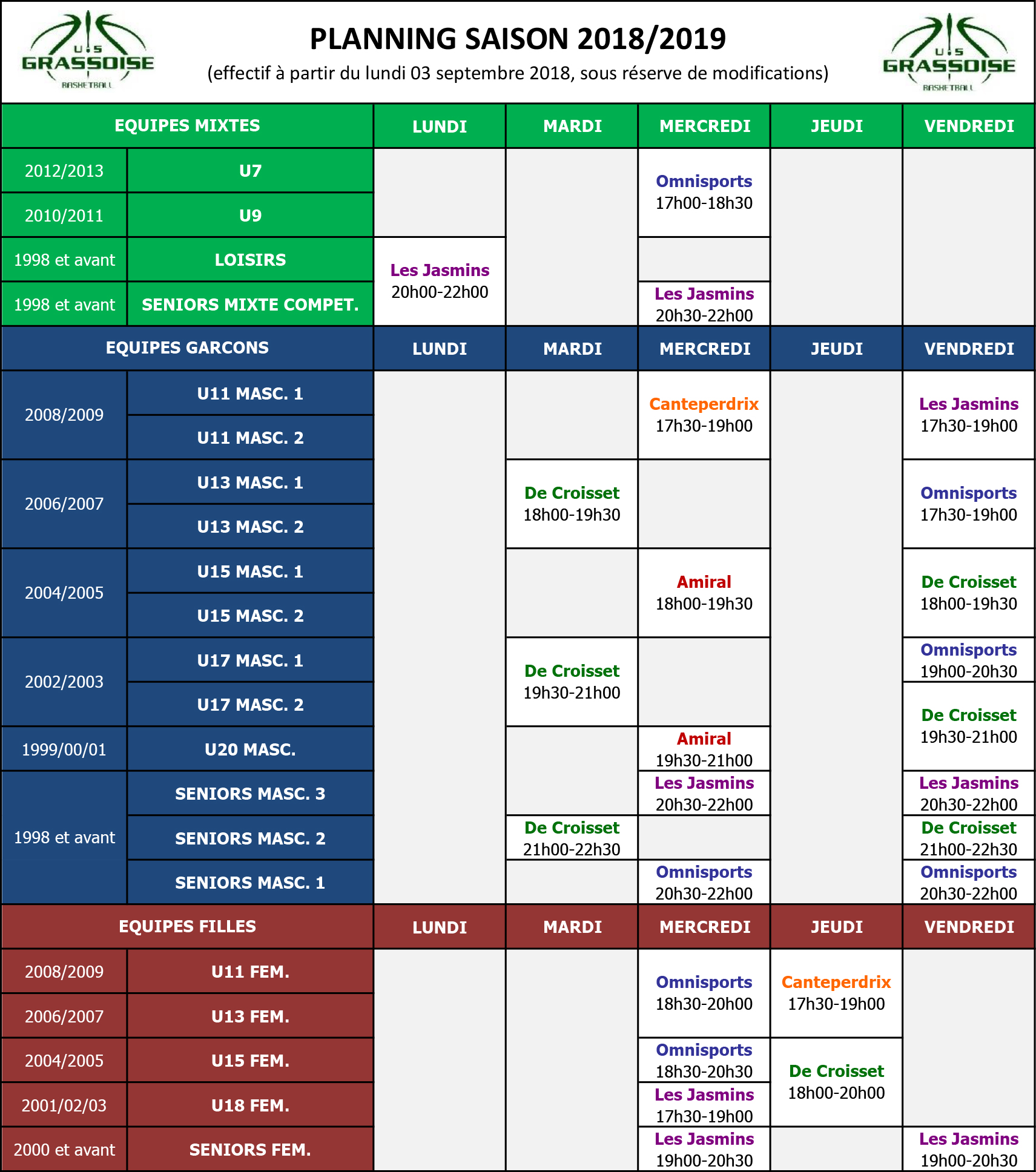 US Grassoise Basketball -Planning Entrainements Saison 2018-2019