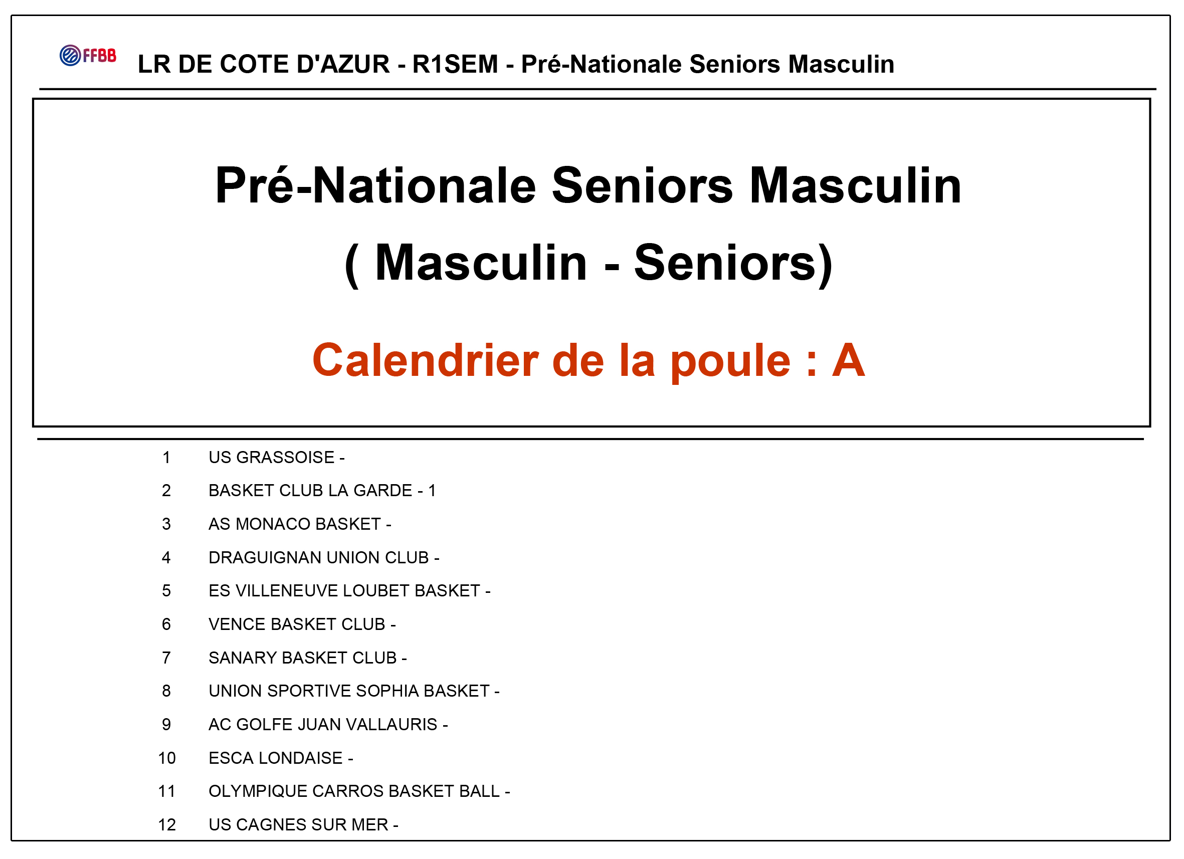 US GRASSOISE BASKETBALL -Calendrier PNM 2016-2017