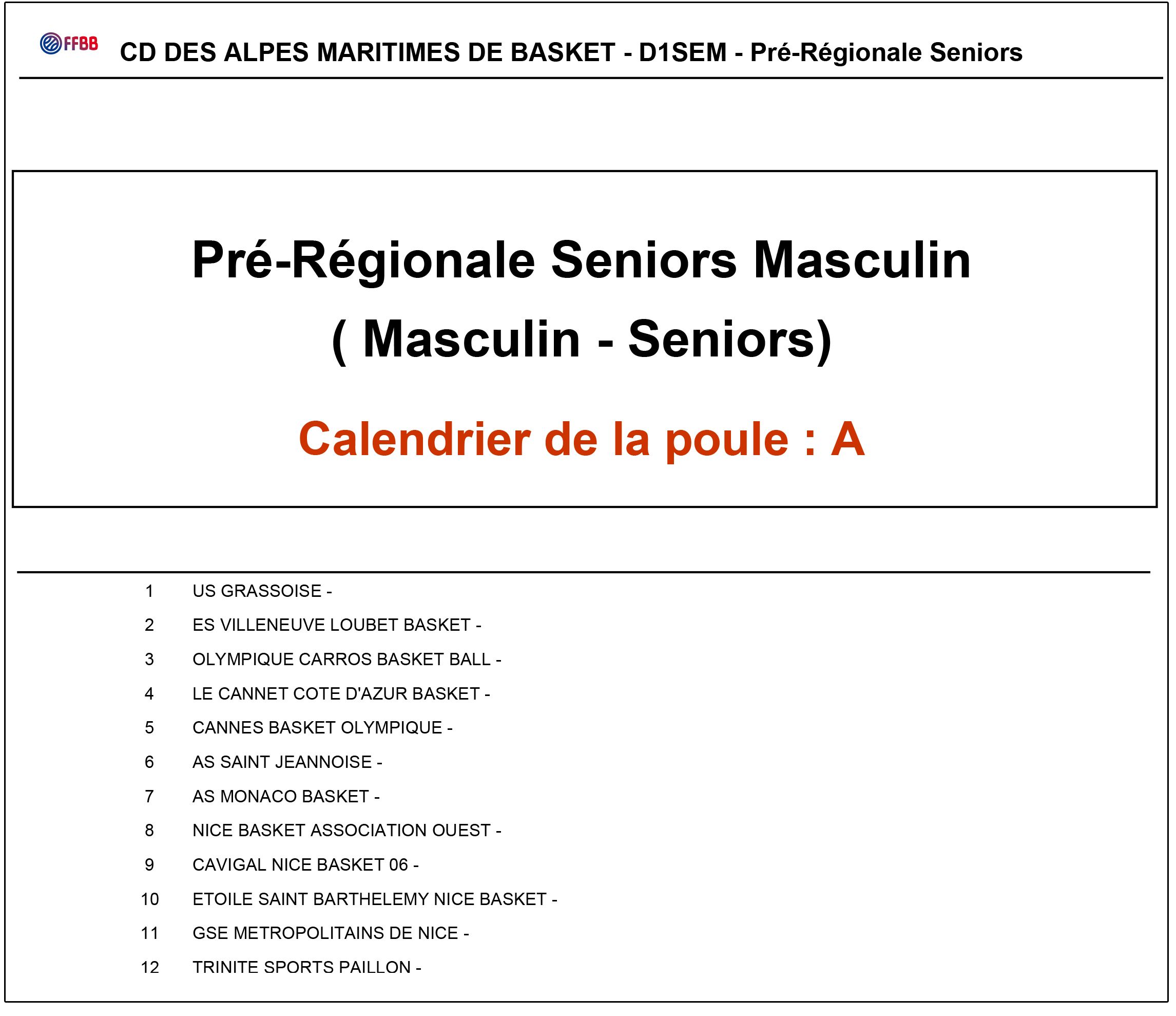 US GRASSOISE BASKETBALL -Calendrier PRM 2016-2017