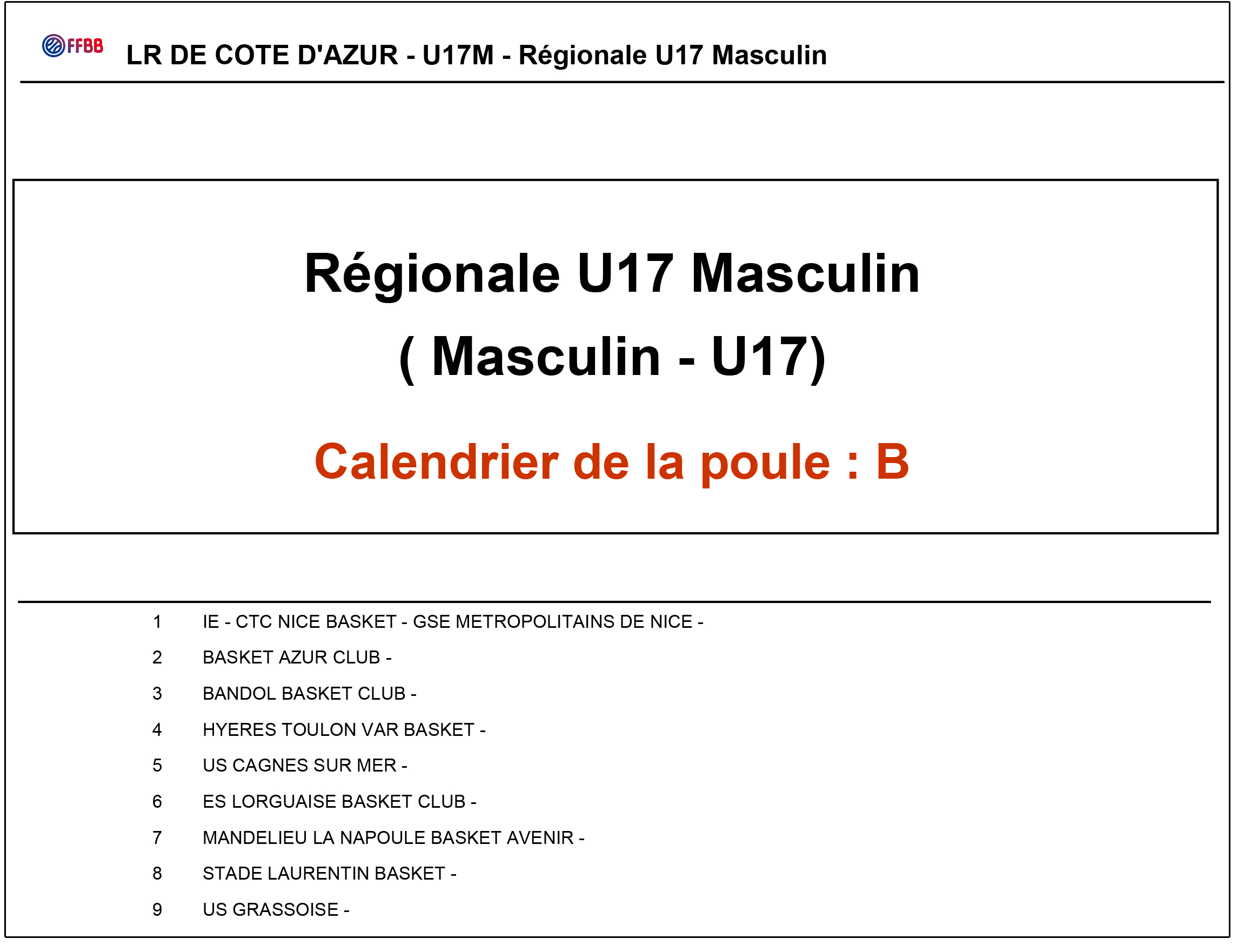 US GRASSOISE BASKETBALL -Calendrier U17M Ligue 2016-2017