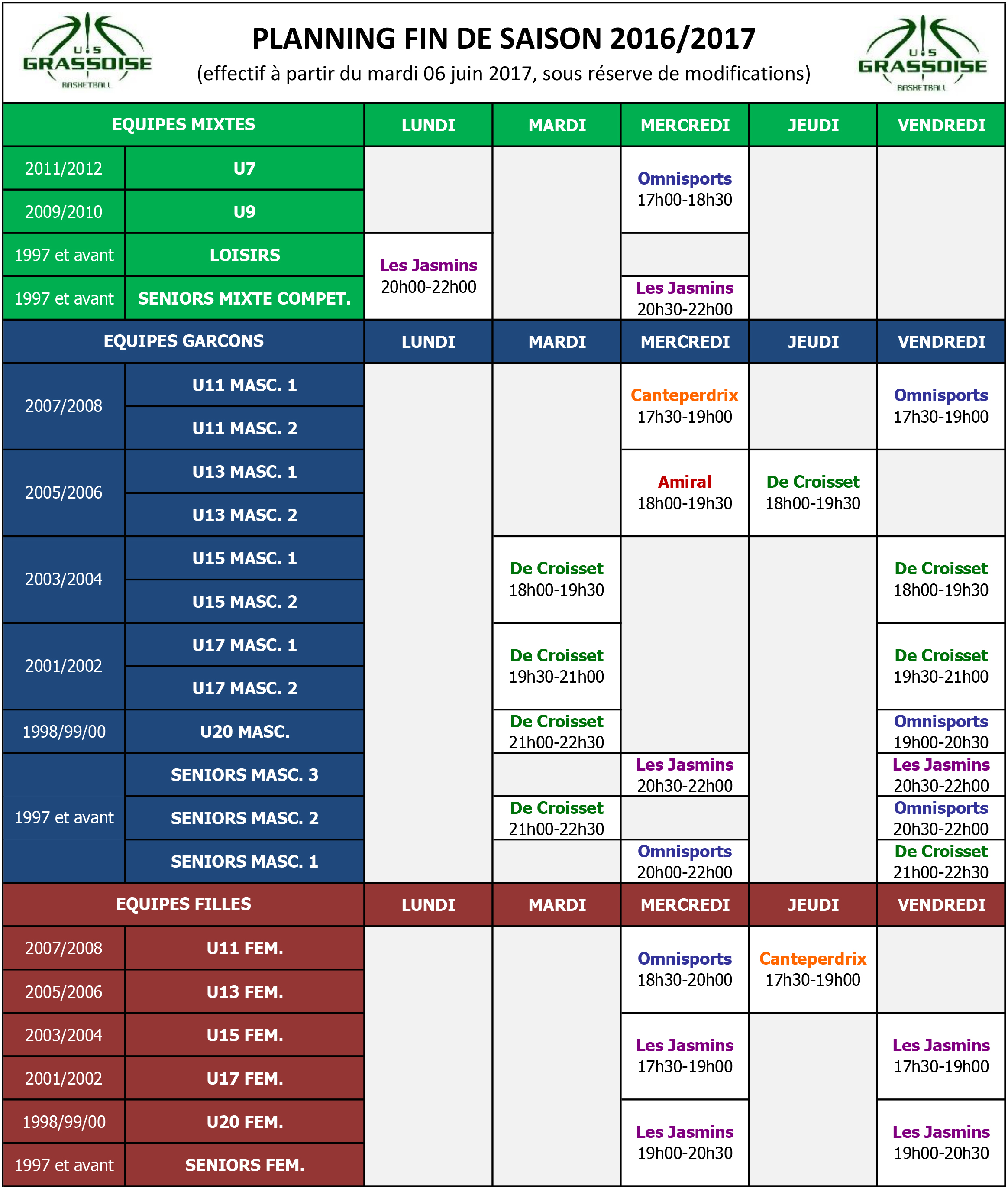 US Grassoise Basketball -Planning Entrainements Saison 2017-2018