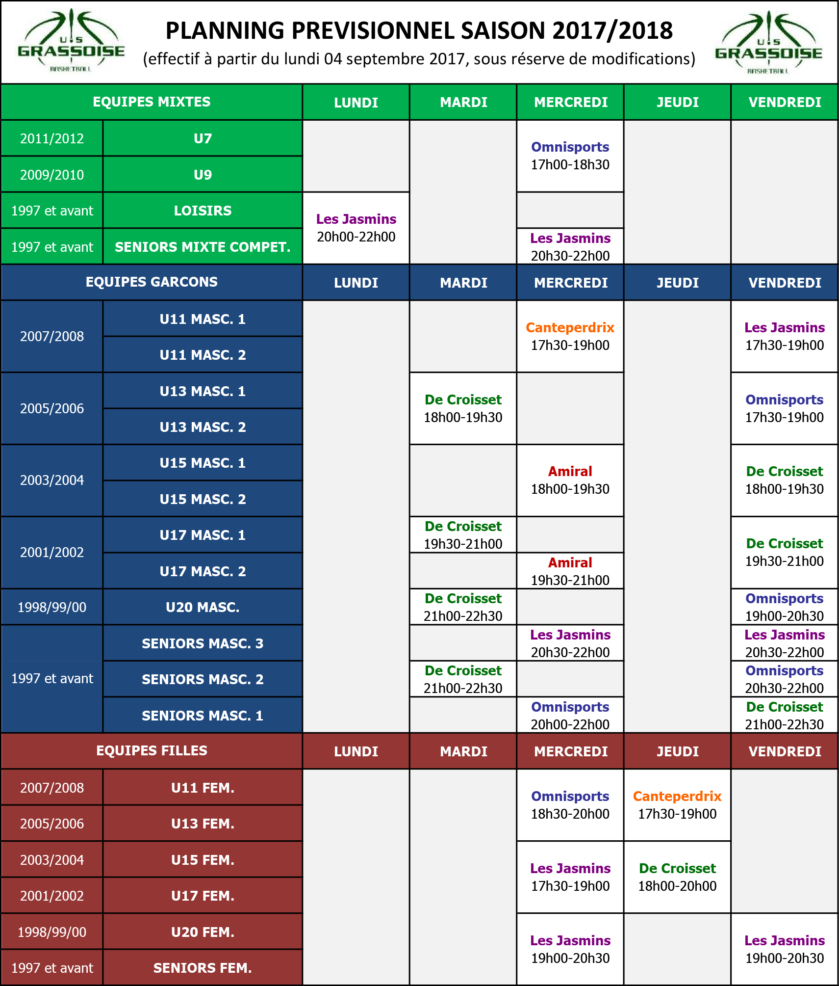 US Grassoise Basketball -Planning Entrainements Saison 2017-2018 (V2)