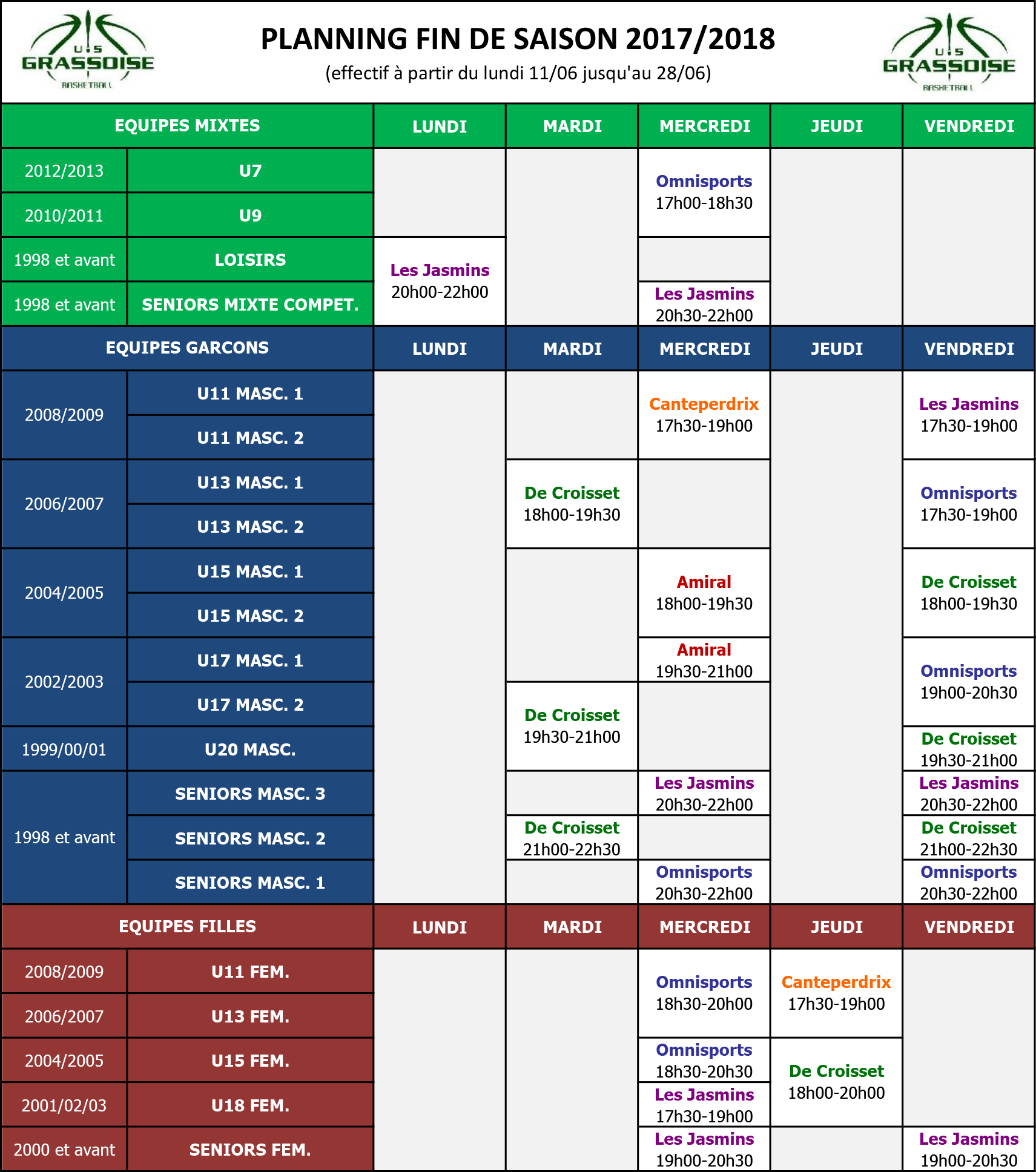 US Grassoise Basketball -Planning Entrainements Fin de Saison 2017-2018 (du 11.06.18 au 28.0
