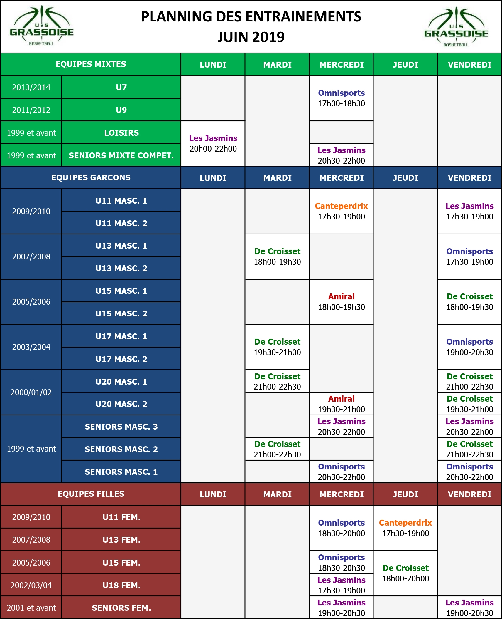 US Grassoise Basketball -Planning Entrainements Saison 2018-2019 (mois de juin)