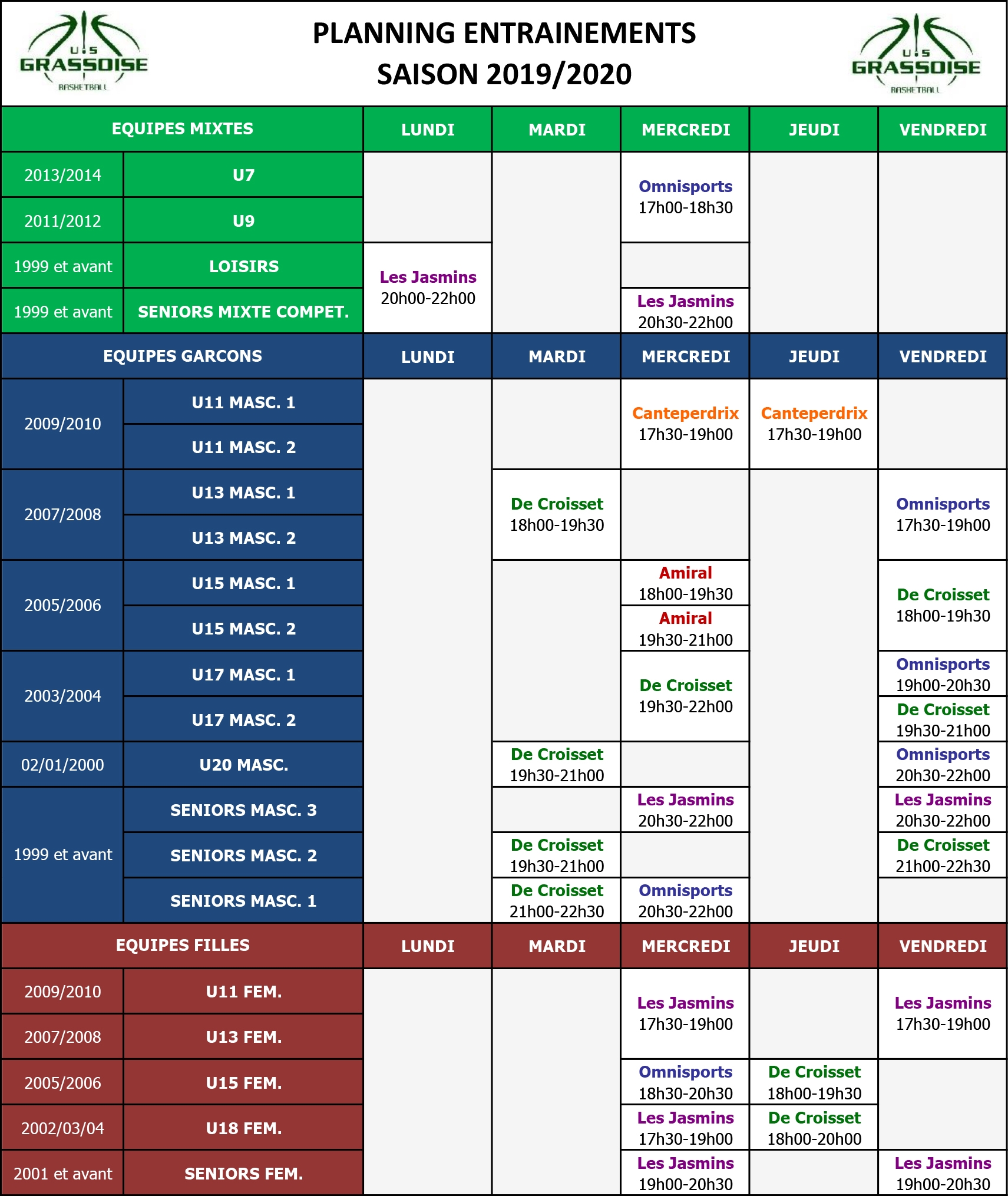 US Grassoise Basketball -Planning Entrainements Saison 2019-2020